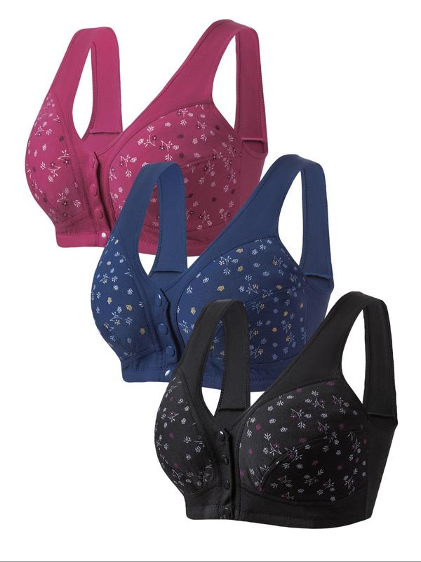 Women's Floral Print Button Front Bra, Korean Wear, 3pcs Comfortable Soft Skin-friendly Bralette for Daily Wear, Summer Wear, Women's Lingerie Top for All Seasons, Korean Streetwear